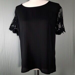 Liberty Love Size Medium Black Boatneck Blouse Embroidered Lace Sleeves